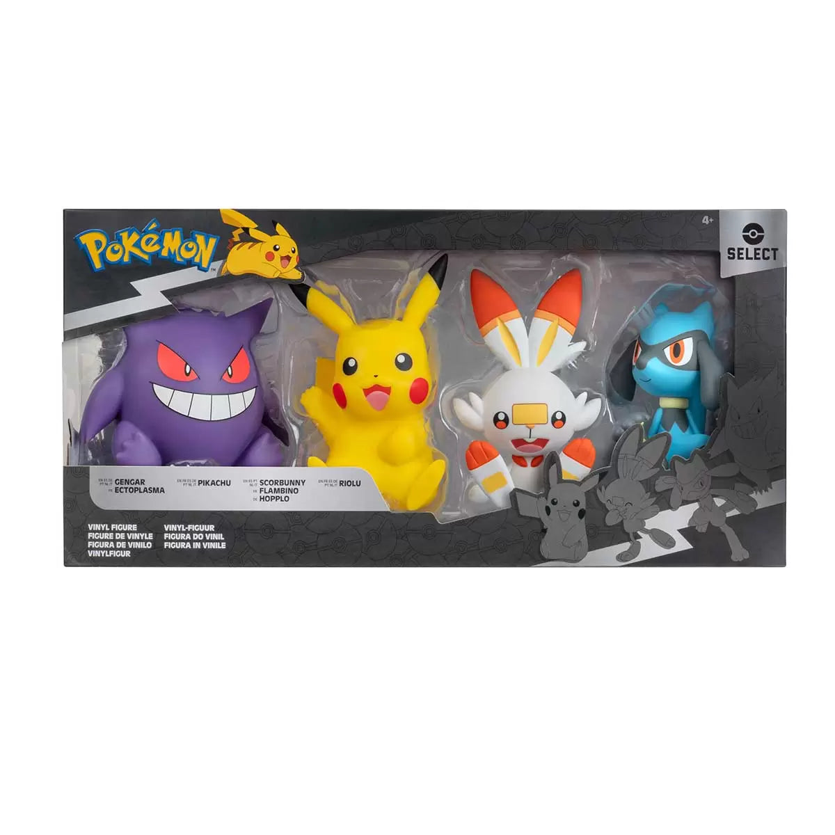 Pokémon Select - Set de 4 figuras de Vinilo - Gengar, Pikachu, Scorbunny y Riolu - Cherisaur Store