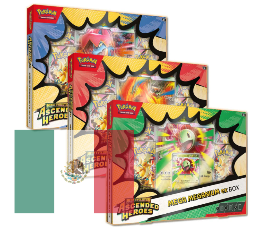 Pokémon JCC: Mega Evolucion—Ascenso Heroico (modelo al azar) Caja Mega Meganium ex - Caja Mega Emboar ex - Caja Mega Feraligatr ex - Español - Cherisaur Store
