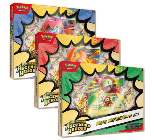 Pokémon TCG: Mega Evolution—Ascended Heroes (modelo al azar) Mega Meganium ex Box - Mega Emboar ex Box - Mega Feraligatr ex Box - Ingles - Cherisaur Store