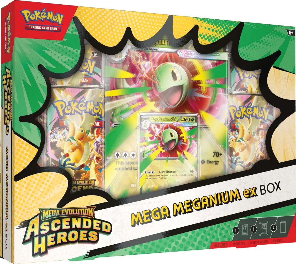 Pokémon TCG: Mega Evolution—Ascended Heroes (modelo al azar) Mega Meganium ex Box - Mega Emboar ex Box - Mega Feraligatr ex Box - Ingles - Cherisaur Store